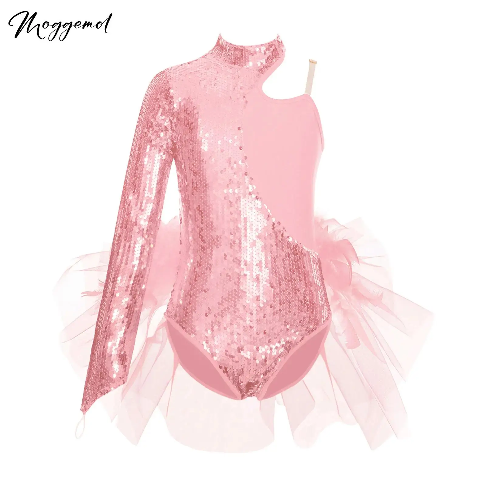 Kids Girls Ballet Dance Leotard Figure Skating Gymnastics Asymmetrical Shoulder Costume Sequins Feather Tutu Skirted Bodysuit