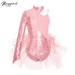Kids Girls Ballet Dance Leotard Figure Skating Gymnastics Asymmetrical Shoulder Costume Sequins Feather Tutu Skirted Bodysuit