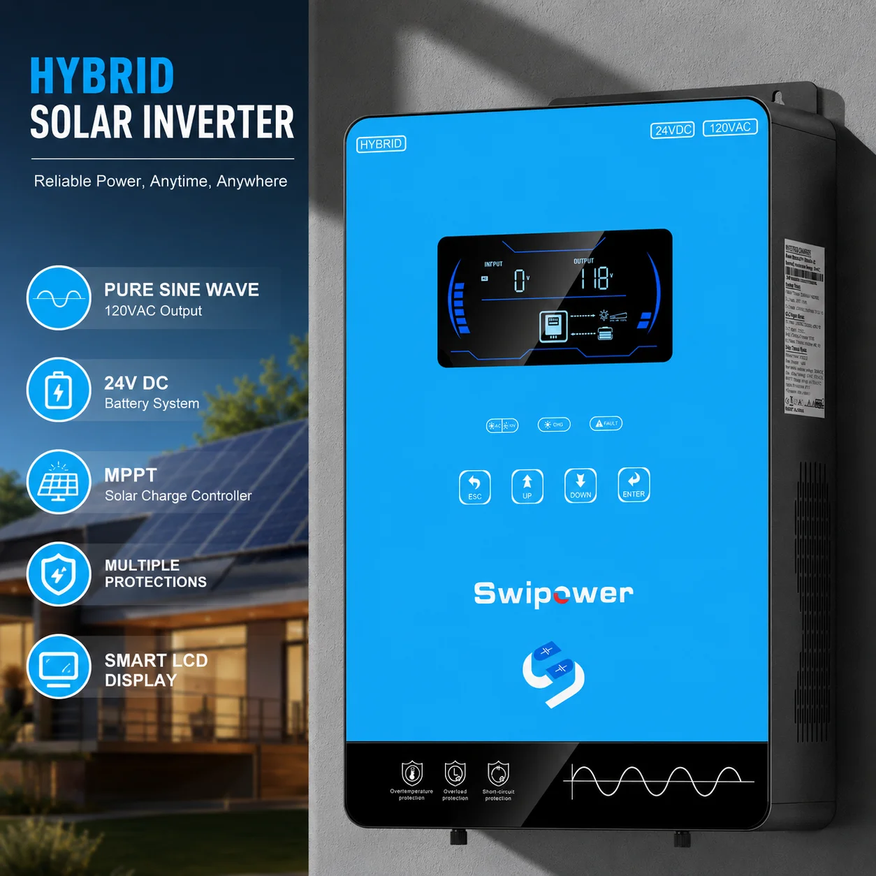 CNSWIPOWER 4500VA Hybrid Solar Inverter 24v 4000W 24VDC to 120VAC MPPT Solar Charger BMS System Battery Pure Sine Wave view 5