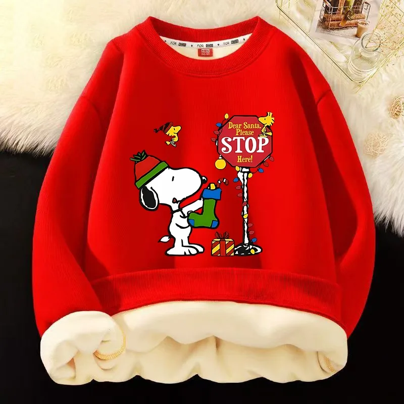 Snoopy Christmas Sweatshirts Peanuts Comic Long Sleeved Fleece Thicken Cute Tops Boy Girl New Year Xmas Clothing Child Clothes