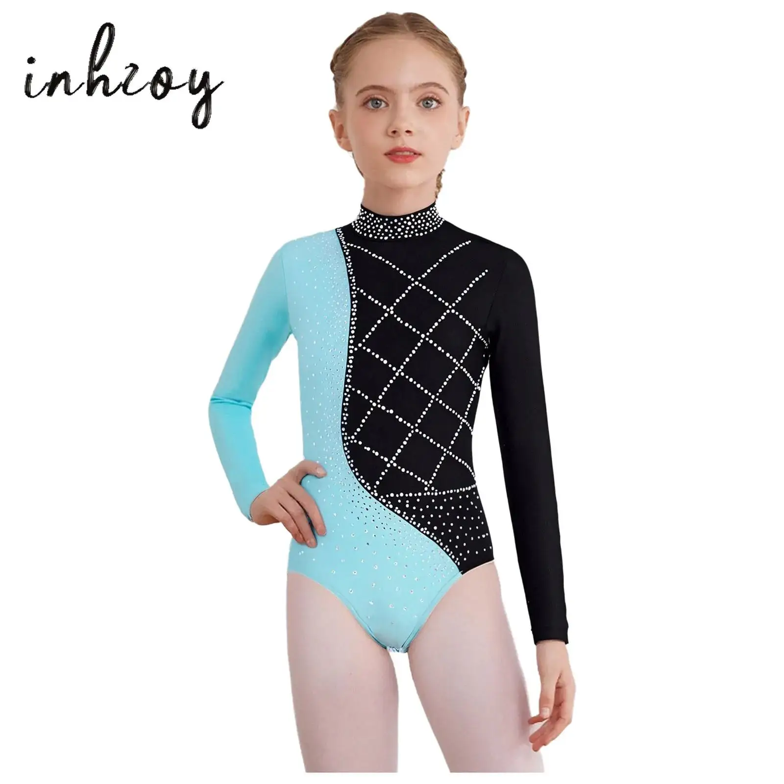 

Kids Girls Gymnastics Leotard Mock Neck Long Sleeve Shiny Rhinestones Color Block Bodysuit for Dance Figure Skating Competition