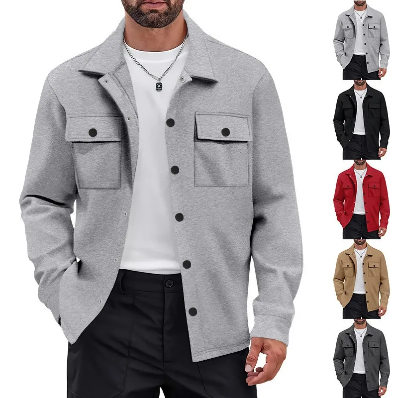 Men's Work Jacket Slim Fit Notched Collar Workwear Jacket Button Front Flap Pockets Casual Jacket Black Grey Shirt Jacket Long