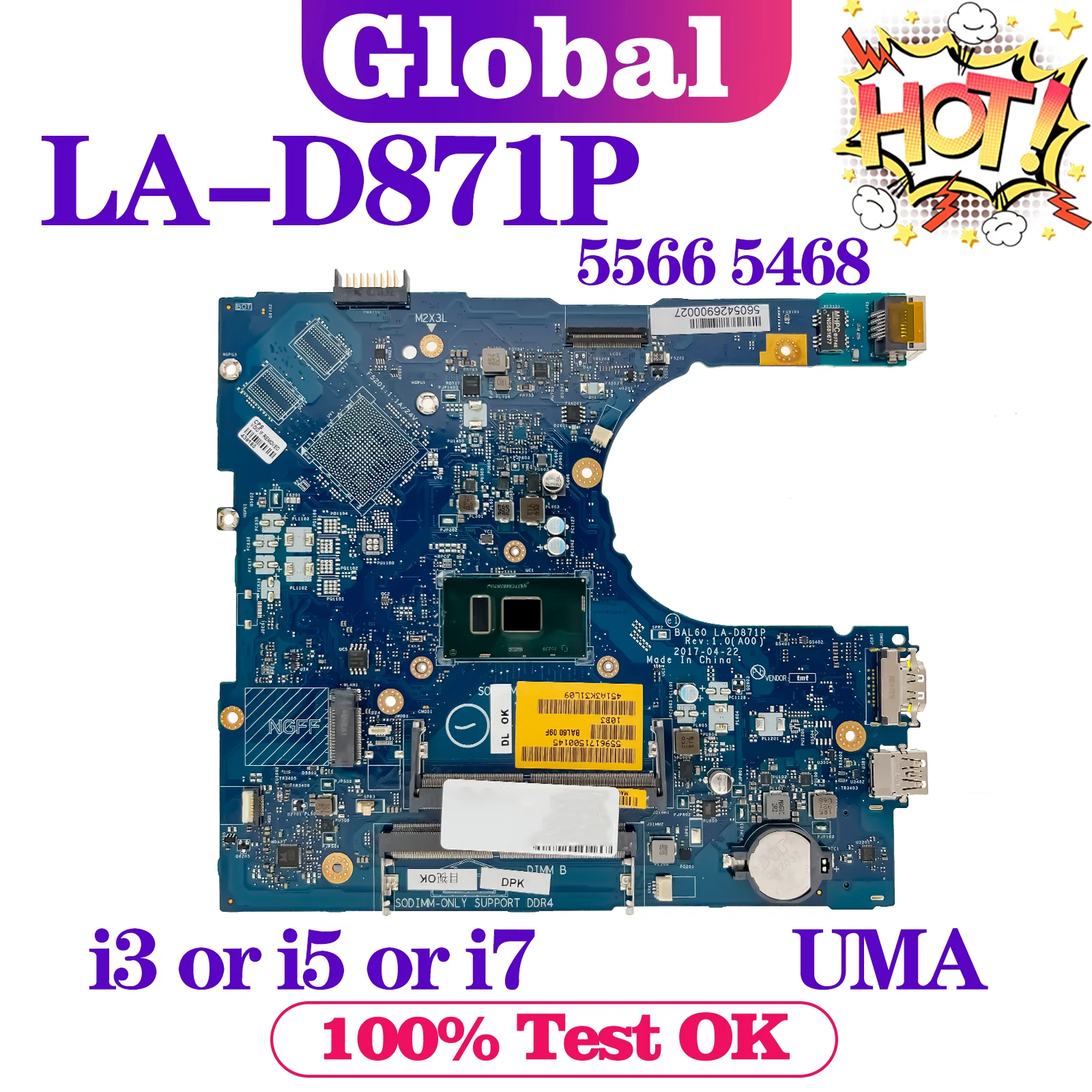 

KEFU LA-D871P Mainboard For Dell Inspiron 15 5566 5468 Laptop Motherboard i3 i5 i7 6th Gen UMA