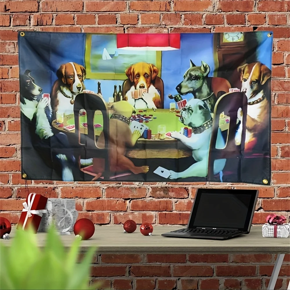 Dog playing poker - Fun poster - Durable men's cave wall flag - With brass eyelets - Suitable for university use