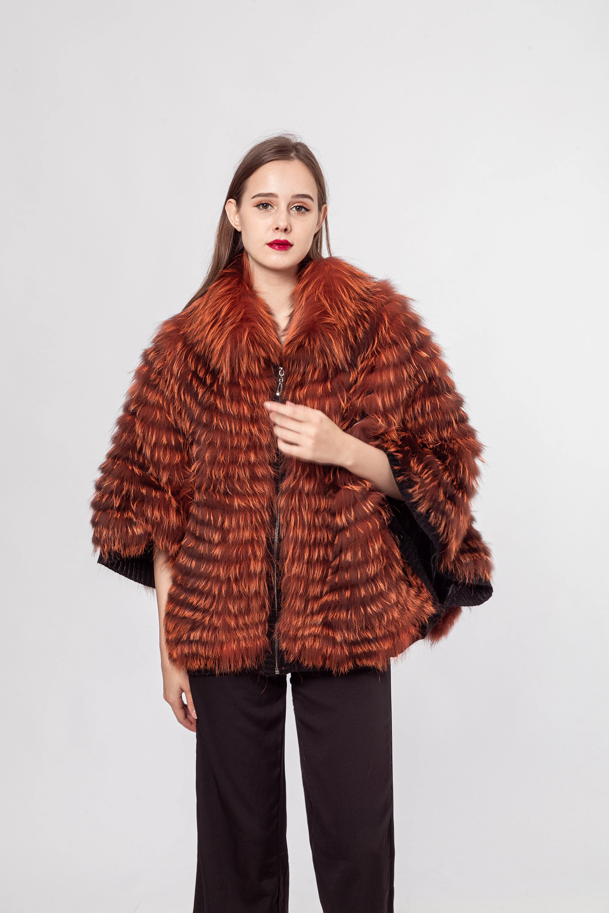 シルバーフォックスファーストライプコート、大きなカフス付き、本物、210727