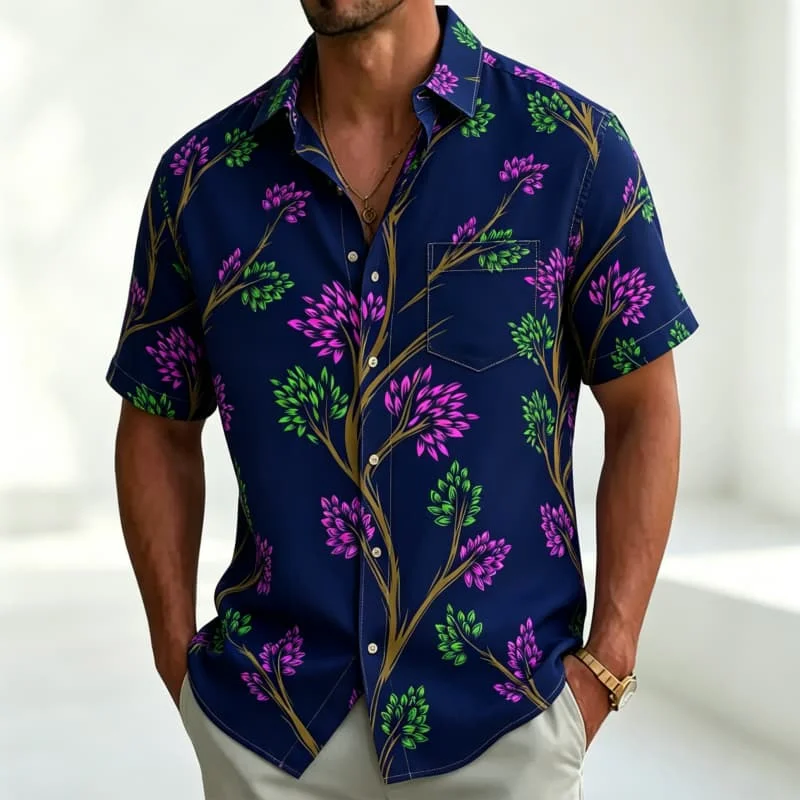Men's Romantic Floral Print Short Sleeved Shirt With pockets, A Summer Vacation Top With Elegant Atmosphere