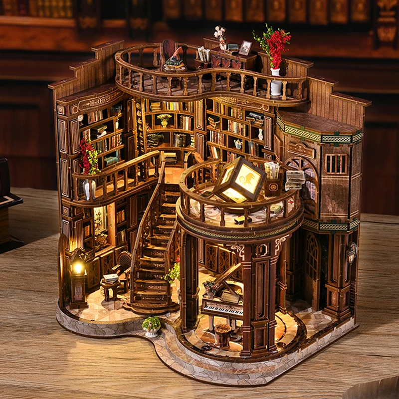 DIY Wooden Dreamy Book Hall Cottage Figurines Miniatures Bookend Assembled Houses Casa for Friends Birthday Gifts Home Decor