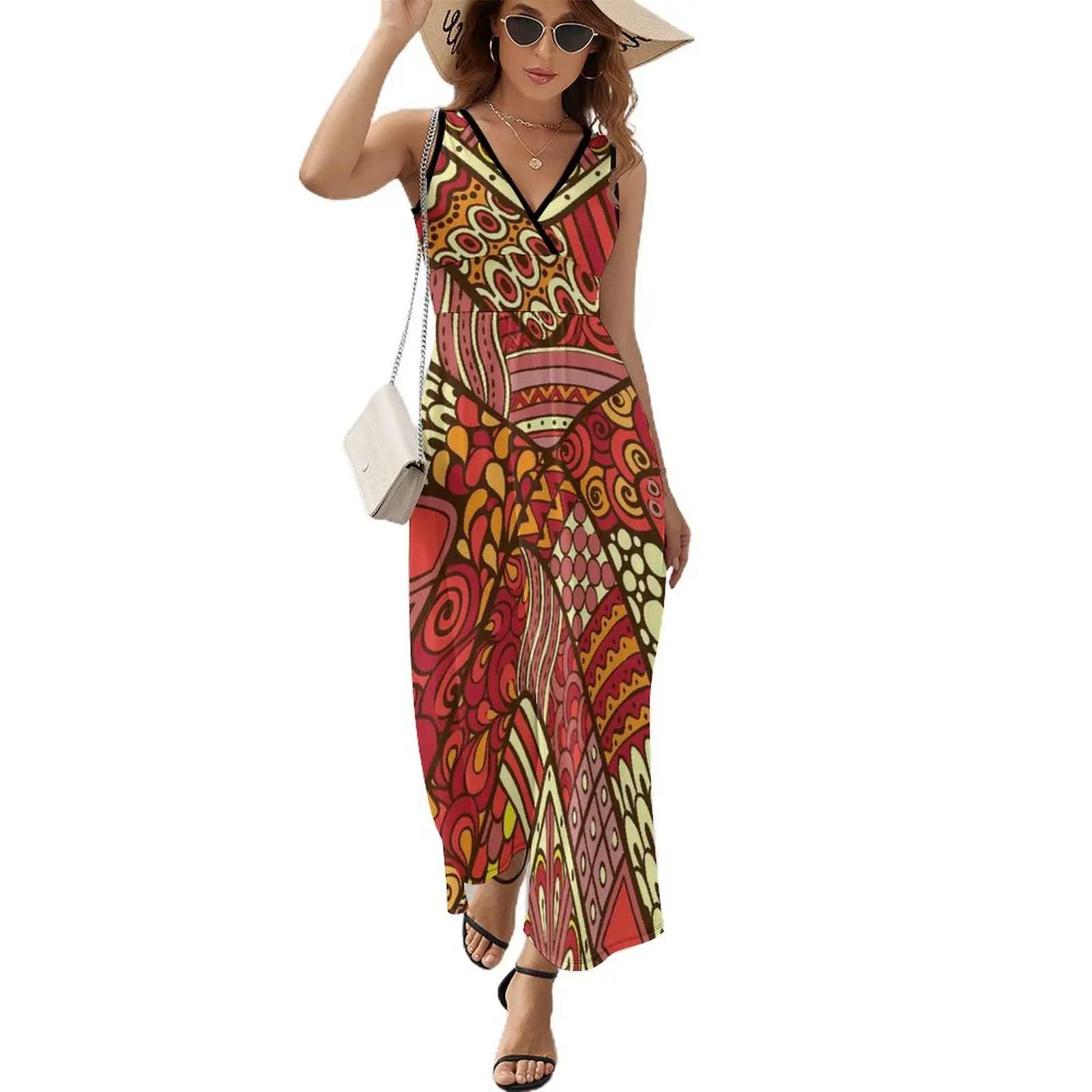 Abstract Tribal Dress Red Patchwrok Print Kawaii Maxi Dress V Neck Custom Boho Beach Long Dresses Aesthetic Big Size Vestido