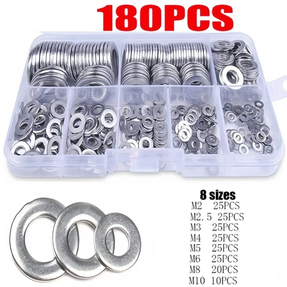 180pcs Stainless Steel Flat Washers Set (M2-M10) Fasteners O Ring with Box for Home DIY Industrial Repair Kitchen Decoration