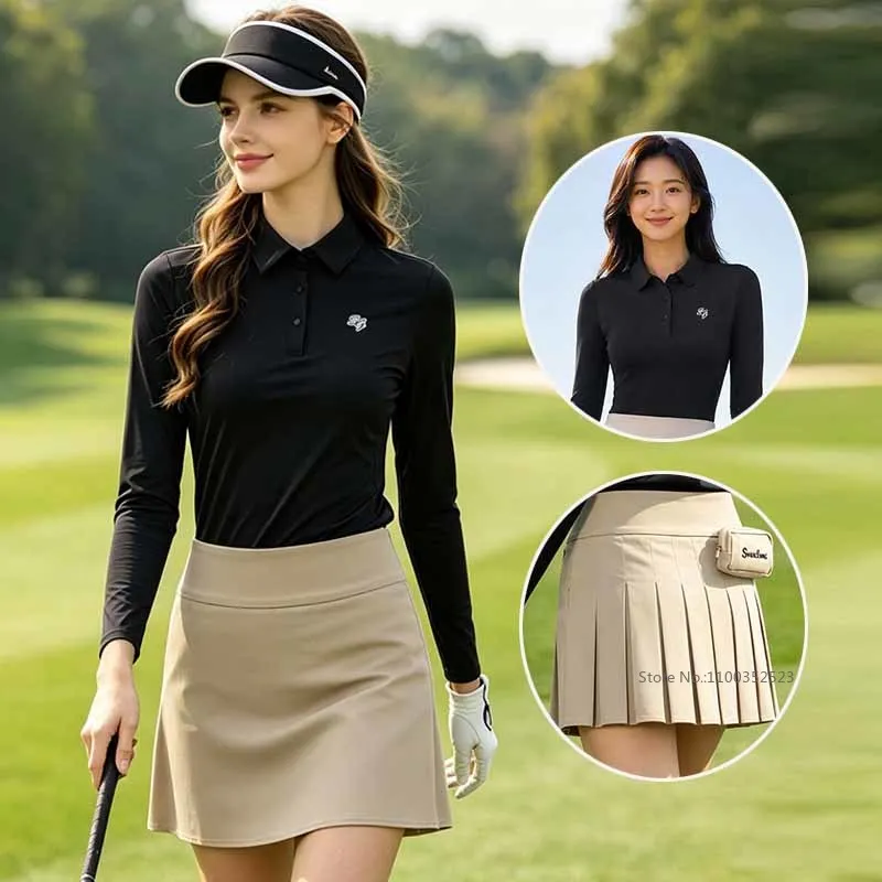 SG Golf Women Sunscreen Polo Shirts Ice Silk Long Sleeve Top Female Sports Golf Skirts with Short High Waist Pleated Skorts