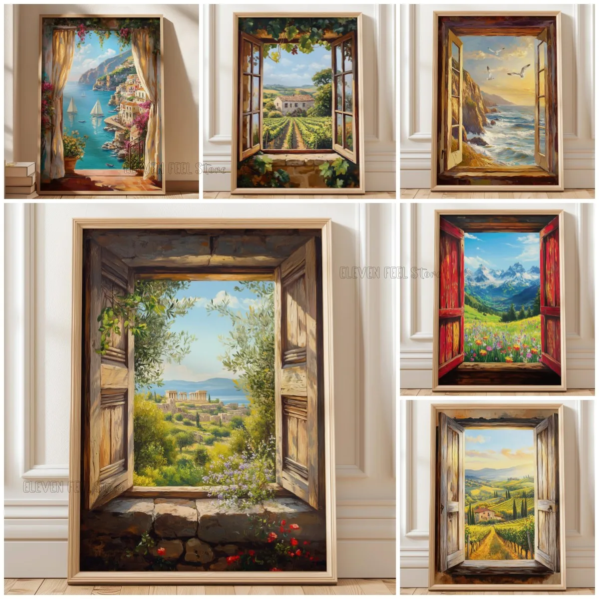 1pc frameless Canvas Painting Greek Window View Art Ancient Temple Landscape Poster Mediterranean Print Rustic Greece Scene Oliv