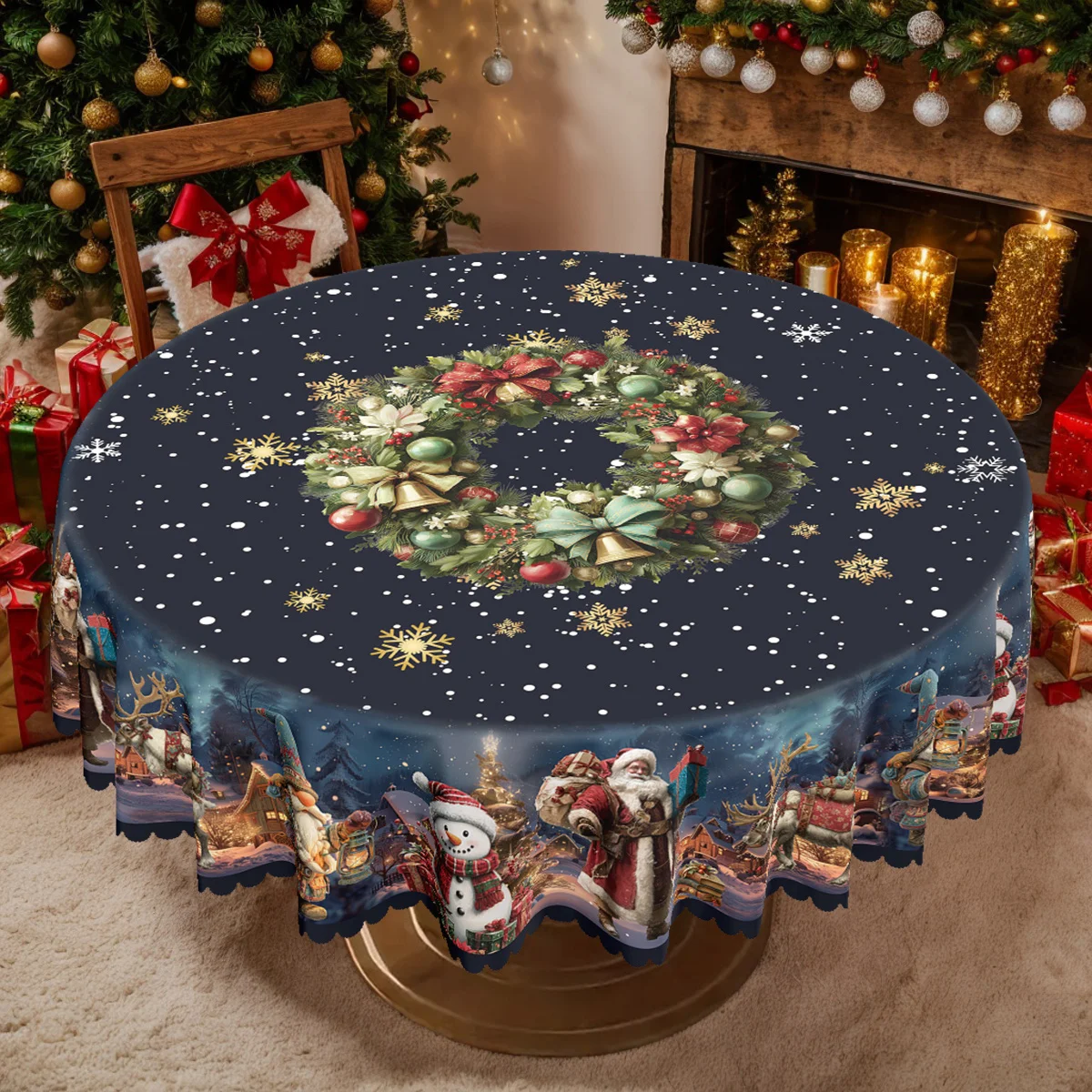1 piece, Christmas themed party tablecloth, Santa snowman reindeer winter snow pattern print, rectangular/round tablecloth