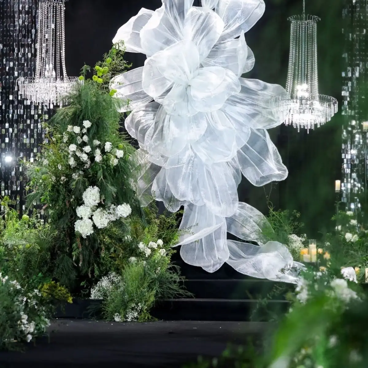 Large window installation pleated handmade lace art giant paper flower wedding background organ wedding decoration