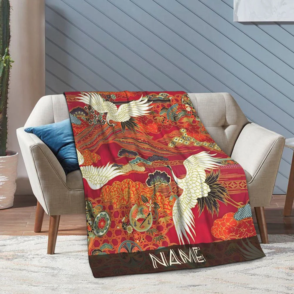 

Custom - Vibrant Red Traditional Crane Longevity Blessings Fleece Blanket -Cozy Throw for Home Travel with Asian-Inspired Design