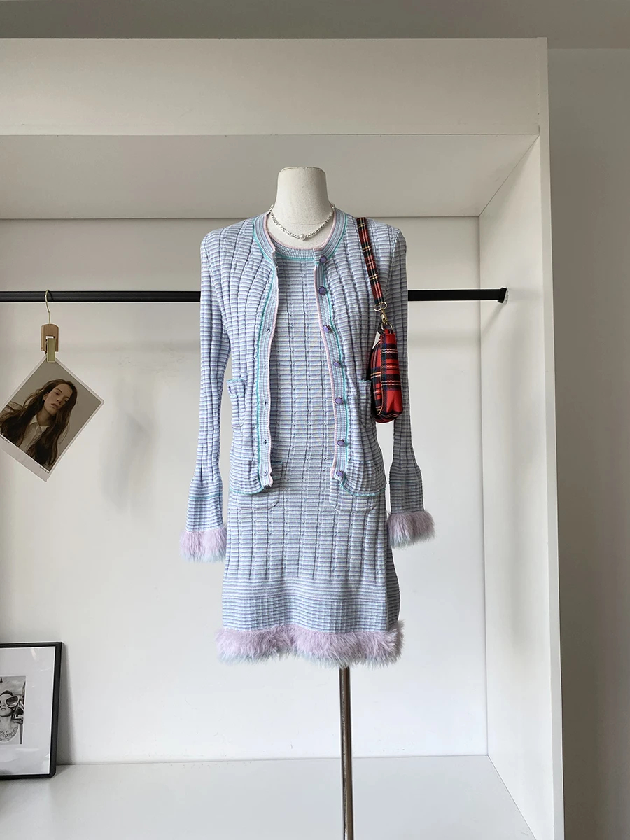 

2025 Autumn New Style Women's Knitted Wrap Dress Elegant Small Fragrance Wind Splicing High-End Versatile Dress Fashion Set