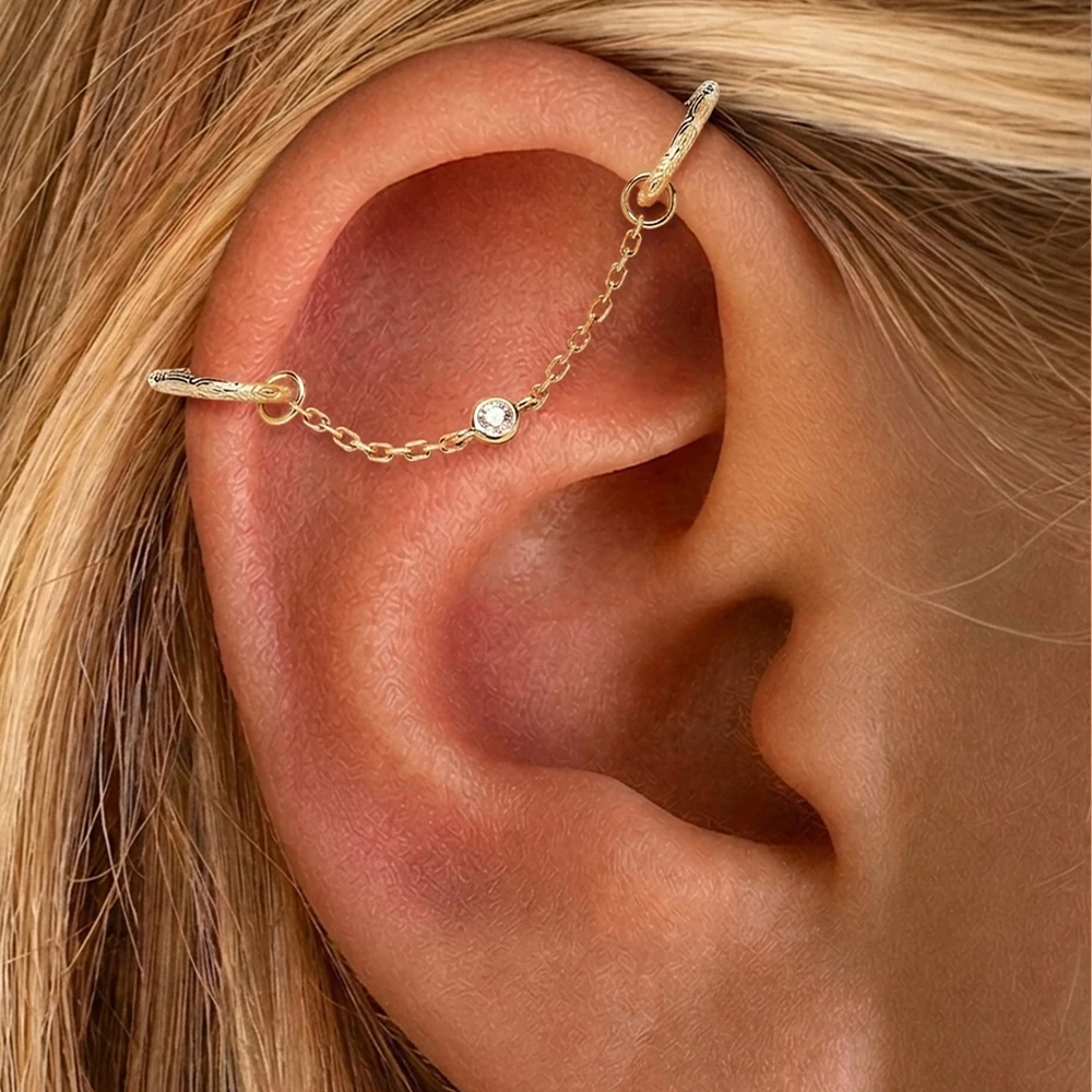 CANNER 1PC 14K Solid Gold Tassel Chain CZ Dangle Piercing Earring Minimalism Cartilage Helix Tragus Conch Jewelry Women Gift - view 5