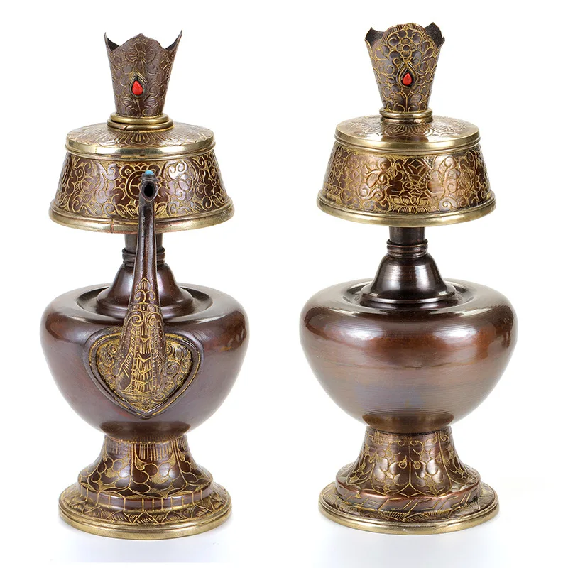 Tibetan Purple Copper Benba Pot Handmade Nepalese Buddhist Ritual Water Vase with Spout