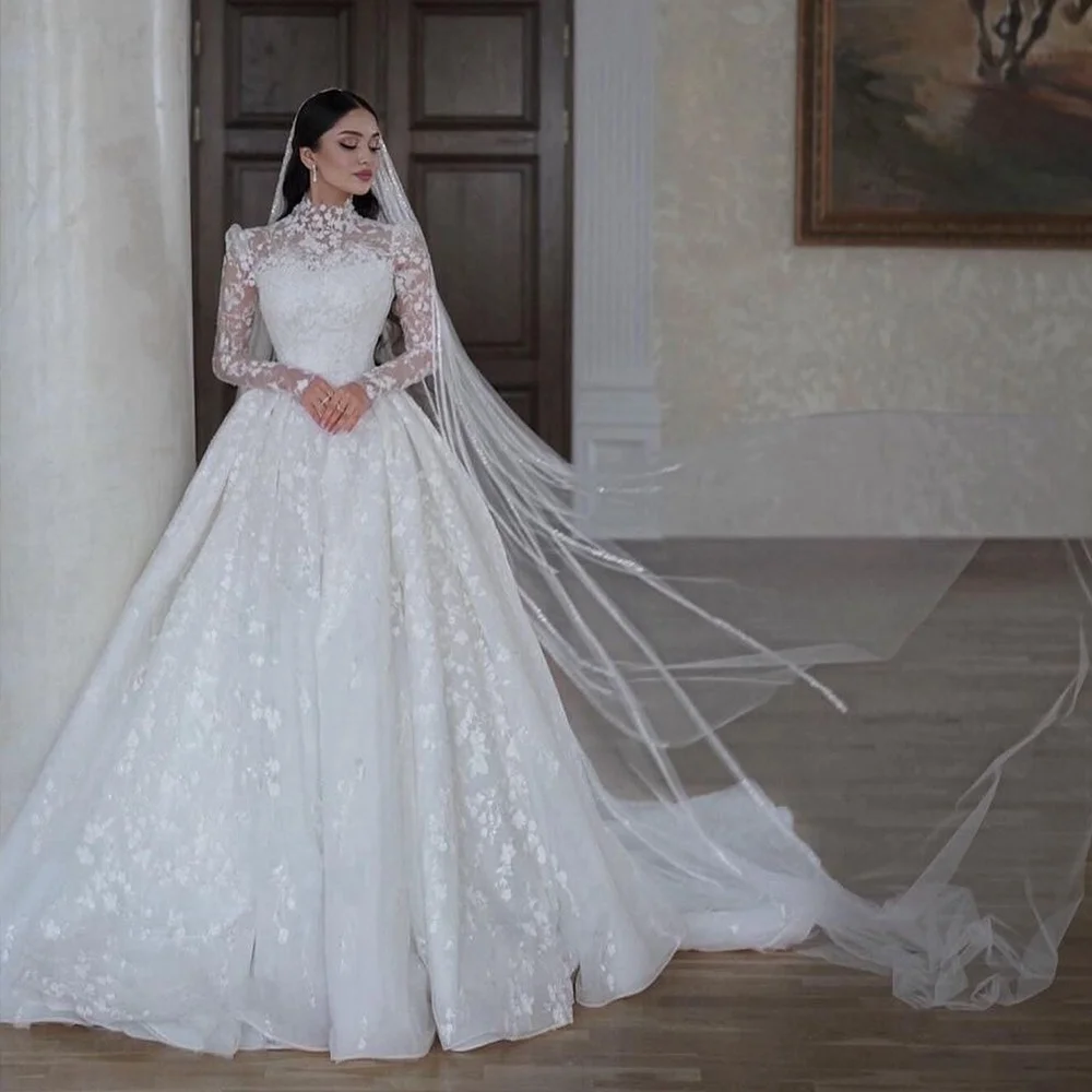 

Luxury Lace Wedding Dresses Illusion High Neck Long Sleeve A-Line Bride Dress Sweep Train Arabic Bridal Ball Gown Customized
