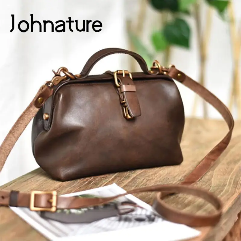 Johnature Vintage Doctor\'s Bag 2024 New Genuine Leather Women Handbag Simple Solid Color Real Cowhide Shoulder & Crossbody Bags