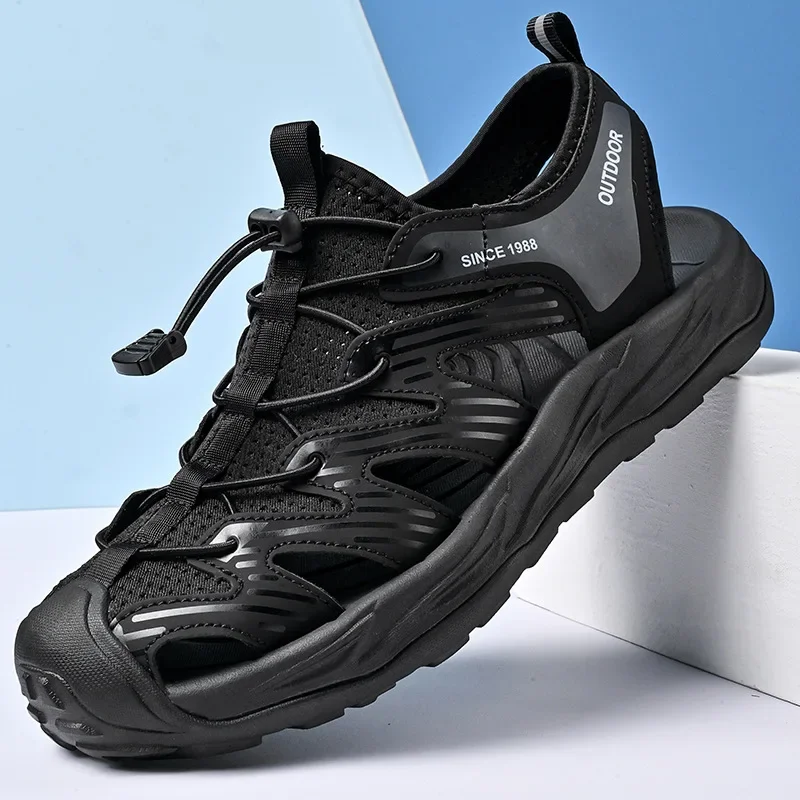Outdoor Beach Shoes, Men's Barefoot Shoes, Water Wading, Hiking Toe Cover, Mesh Breathable Elastic Fishing Casual Sports Sandals