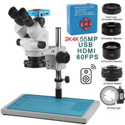 Trójokularowy mikroskop stereoskopowy z zoomem 3,5-90X + kamera wideo 2K 4K 48MP 55MP HDMI USB Pype-C VGA TF + obiektyw pomocniczy