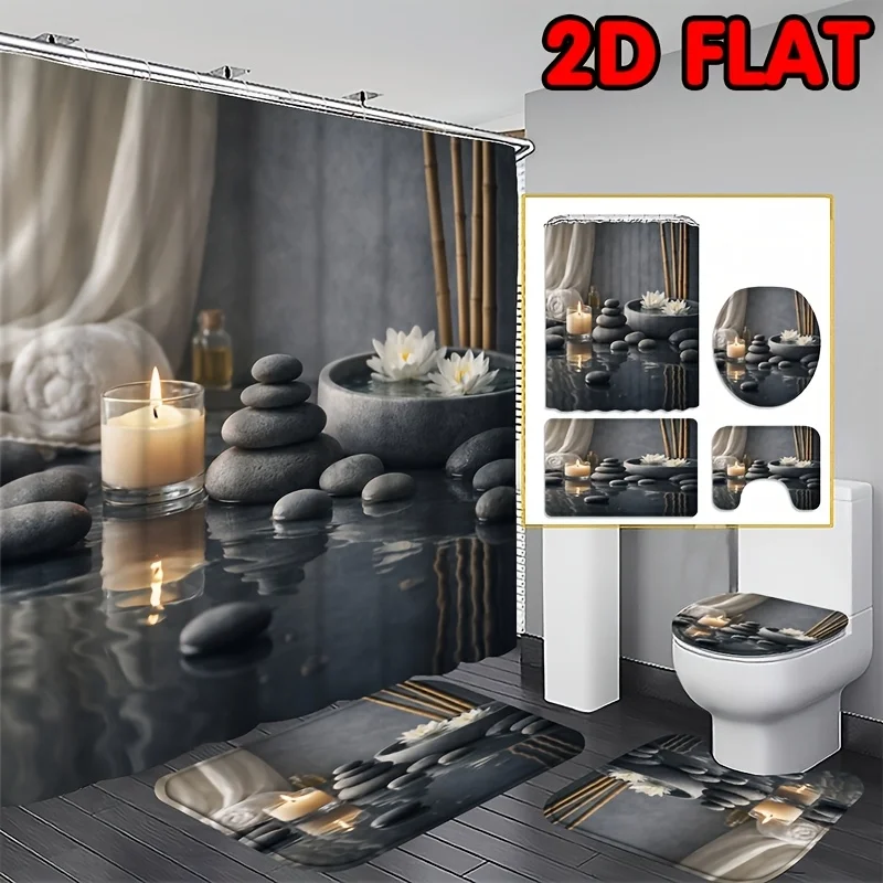 2D Flat, 2D Flat 4pcs UAXIEP Zen Spa Water Relax Set, & Easy to Maintain. Includes U-shaped Mat, Toilet Seat Cover And 12 Hooks for Relaxing Bathroom Decor., 2D Flat