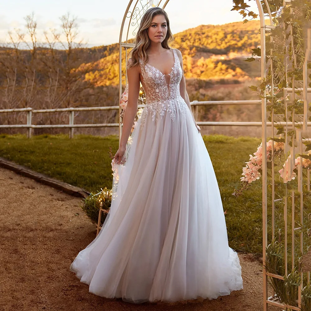 

Sexy Wedding Dresses 2025 Illusion V Neck Brides Gown Backless Lace Appliques Luxury A-Line Tulle Bridal Dresses Customized