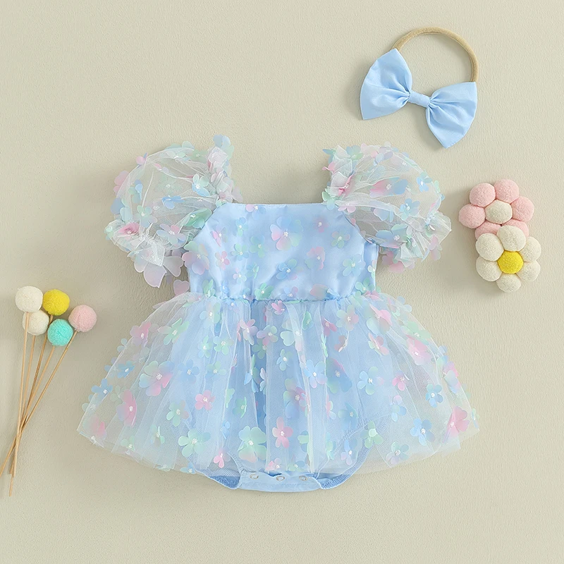 0-18M Newborn Baby Girls Rompers Dress Flower Embroidery Mesh Short Sleeve Jumpsuits Headband Princess Outfits