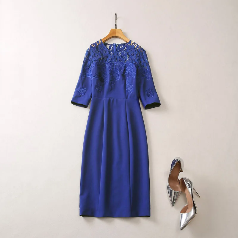 Women\'s Kate Princess Lace Embroidery Dress, Blue, Elegant, O-Neck, Patchwork, Work Dresses, 50601