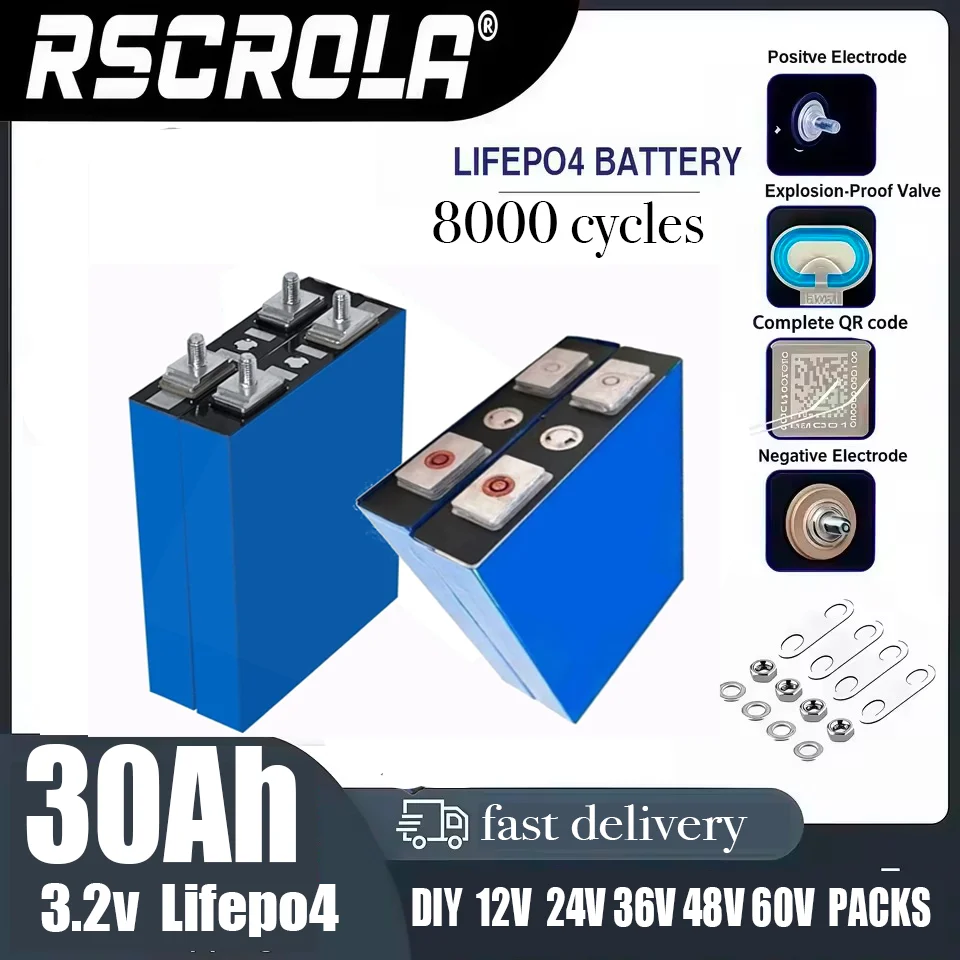 3.2V 30Ah Grade A LiFePO4 Battery 8000 Cycles Lithium Iron Phosphate for 12v 24v 48V 60v Travel Solar Campers Golf Cart Yacht