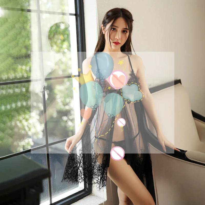 

Big Plus Size Women Hollow-Out Sexy Black Nightwear Plus Lace Nightgown Sleepwear Dress G-String Sexy Lingerie Robe