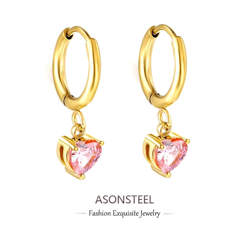 ASONSTEEL Pink Cubic Zirconia Heart Shape Round Ring Hoops Earrings Gold Color Stainless Steel For Women Drop Earrings Jewelry