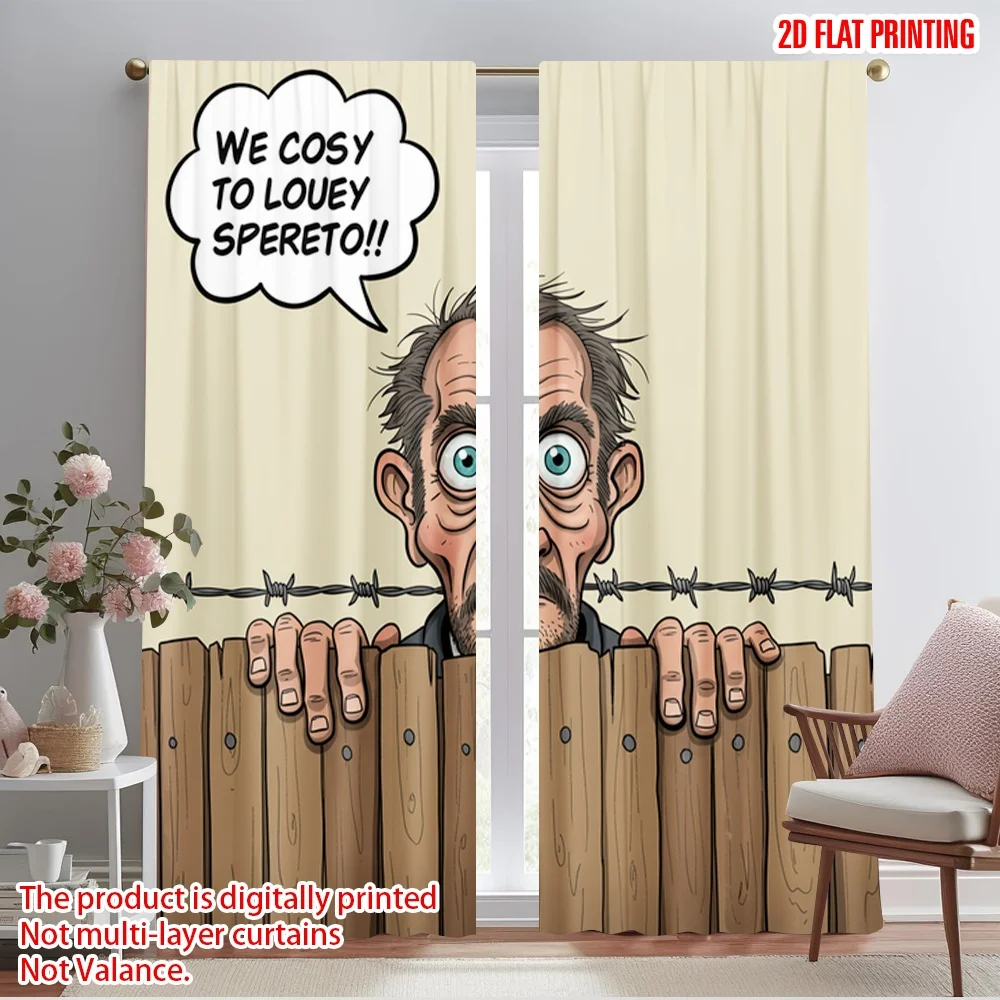 

2pcs 2D flat printing Scene Curtains Man Peeping Over Fence 100% Polyester Fabric Without Electricity 0 Use for Holiday Parties