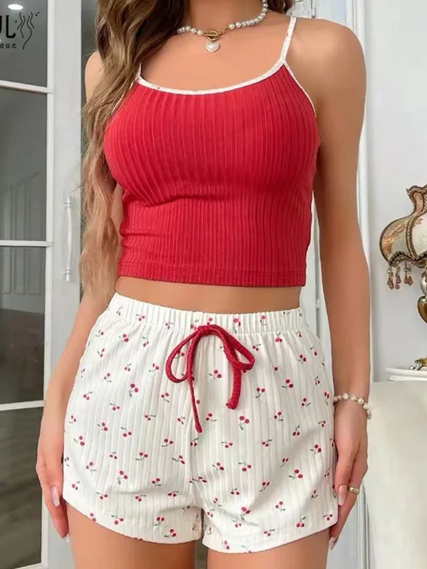 2024 Summer New Women's Pajama Set Comfortable Home Clothes Thin Shorts Cute Cherry Set Sweet Women Korean 2024 New  EUW3 9G41