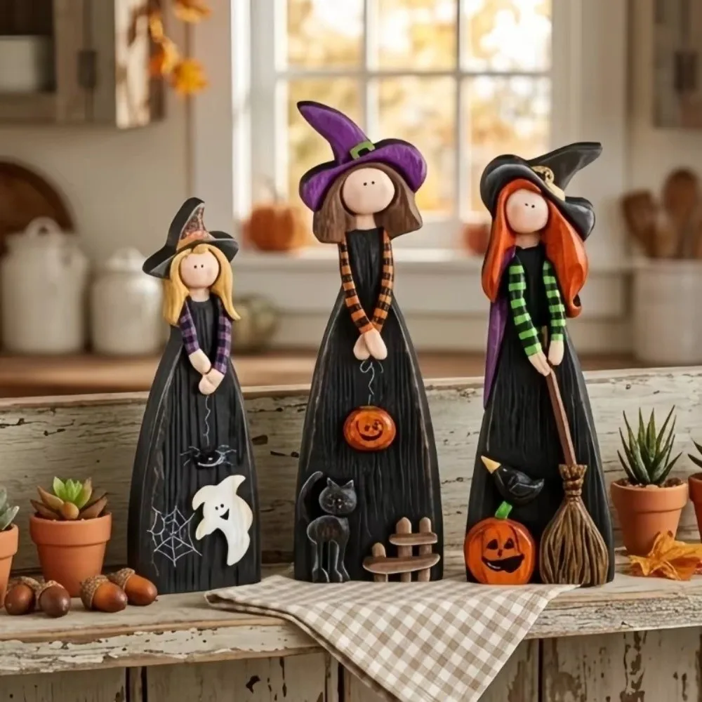 2D Design Halloween Witch Figurine Pumpkin Accent Black Cat Accent Witch Model Wooden Material Ghostly Accent