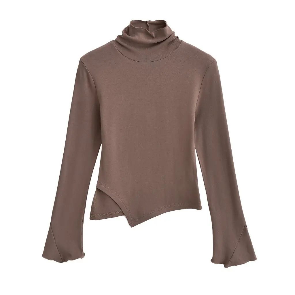 

Winter Turtleneck Women's Slim Fit Long Sleeve Top Irregular Hem Solid Color Bottoming Shirt for Girls