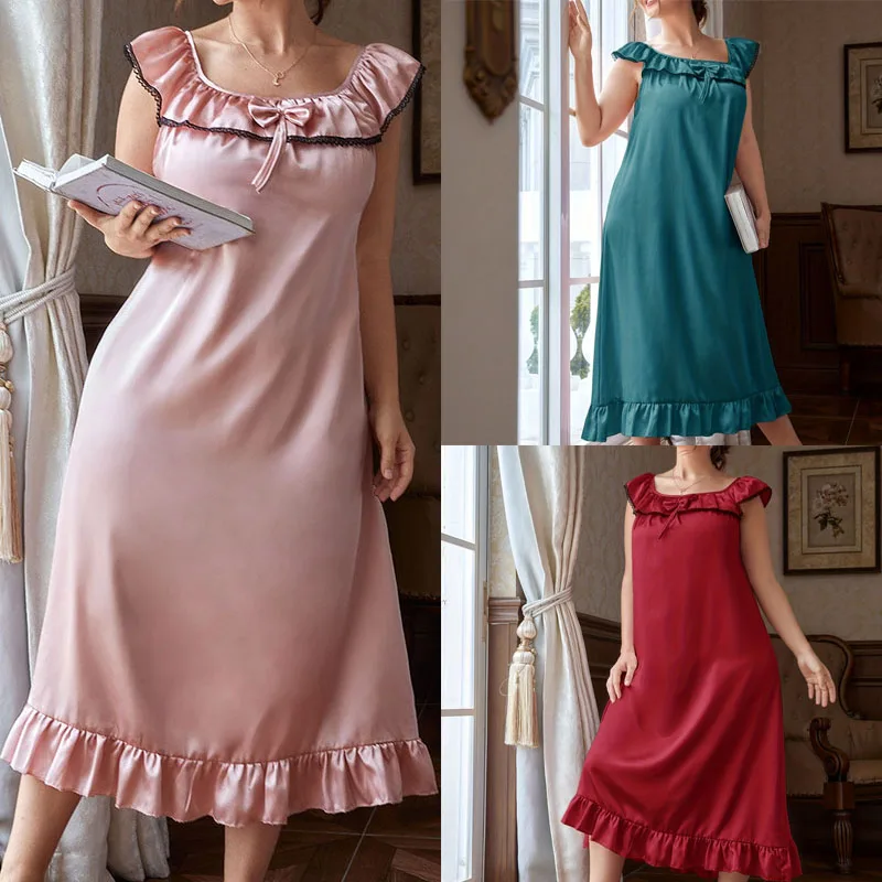 

Одежда для сна больших размеров 3XL, 4XL, 5XL, розовая ночная рубашка, сексуальная ночная рубашка с рюшами и воротником, атласный домашний халат, одежда для дома, длинная домашняя одежда