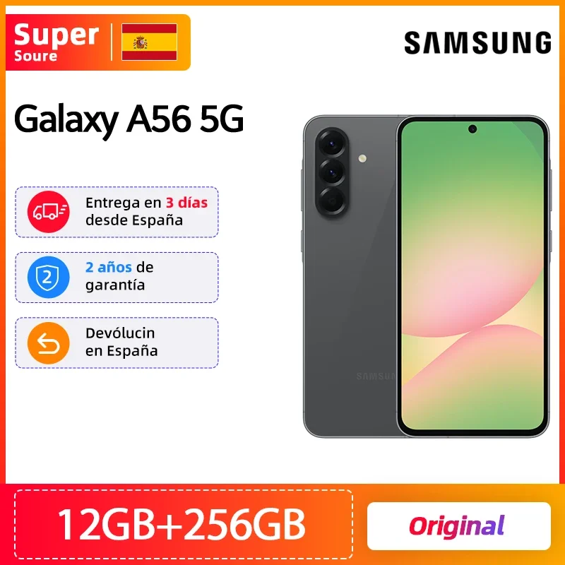 Smartphone Samsung Galaxy A56 5G, écran Super AMOLED de 6,7 pouces, fréquence de rafraîchissement de 120 Hz, appareil photo arrière 50 MP, batterie 5000 mAh, 12 Go de RAM, 256 Go de stockage
