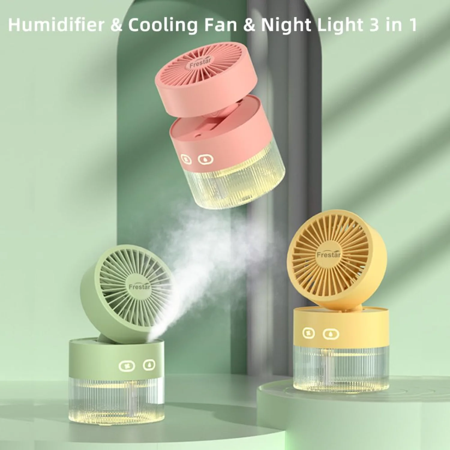 Personal Cooling Fan and Small Air Humidifier 350ml with LED Night Light, Desktop USB Charging Humidifier and Fan  in 1 for Offi