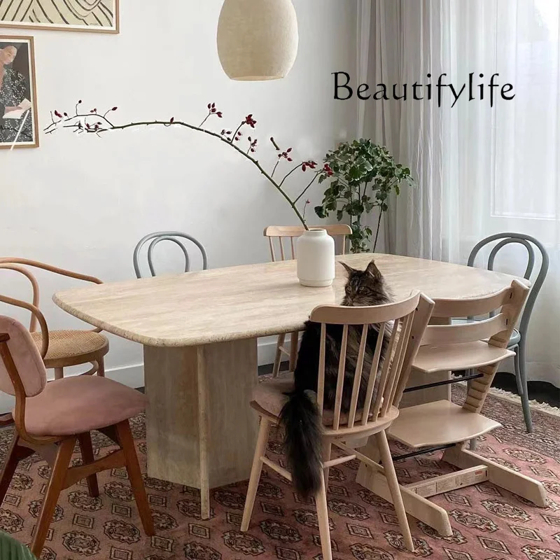 Light luxury simple natural marble long table Japanese wabi-sabi wind small apartment travertine dining table