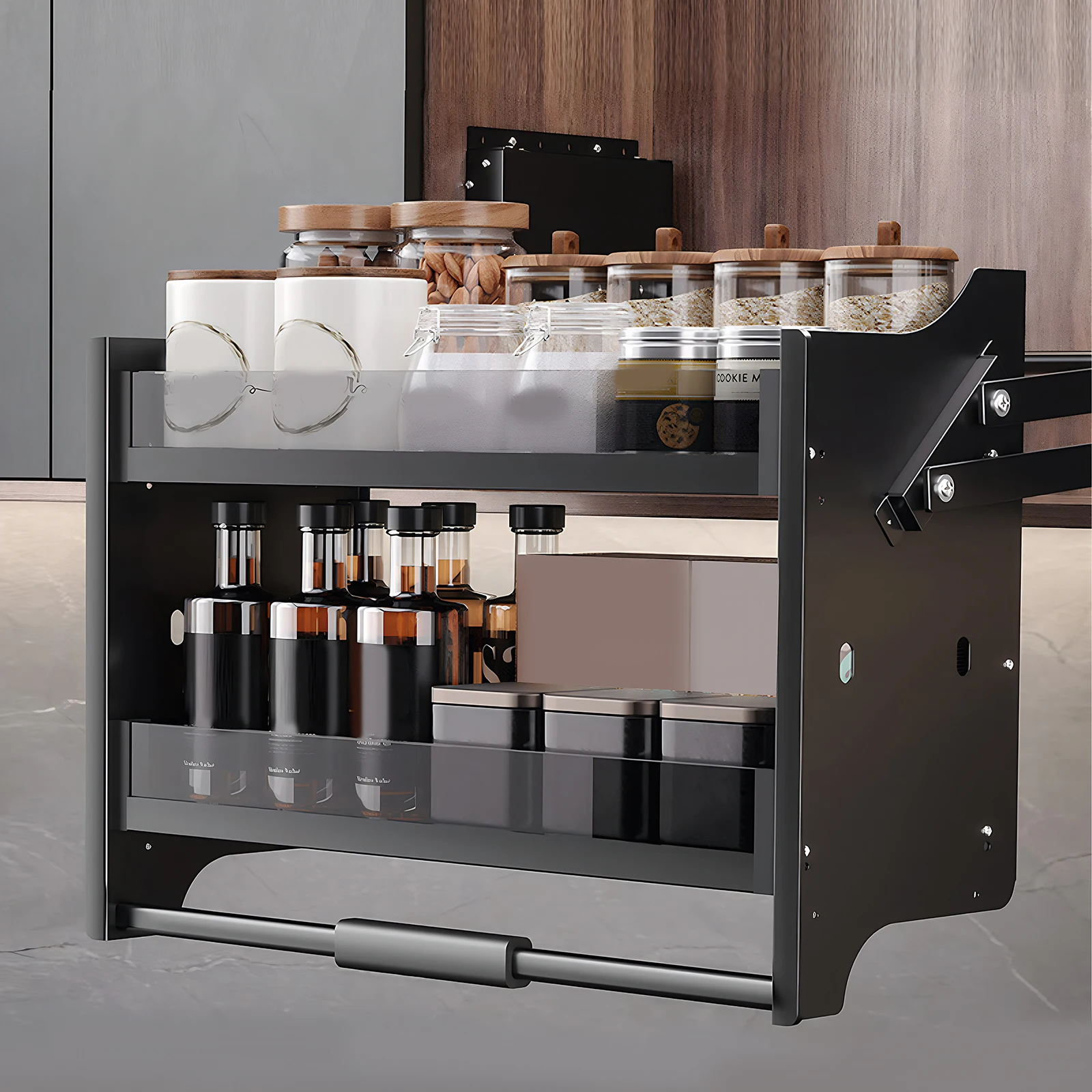 

Выдвижной шкаф для тяжелых нагрузок с пневматической системой демпфирования, экономящий пространство, с регулируемой корзиной для специй, посуды и бутылок