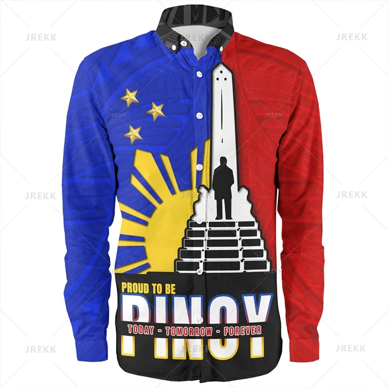 Small Size Harajuku 3D Print Philippines Ethnic Emblem Long Sleeve Shirts Men Philippines Tribal Patterns Graphic Shirts Blouses