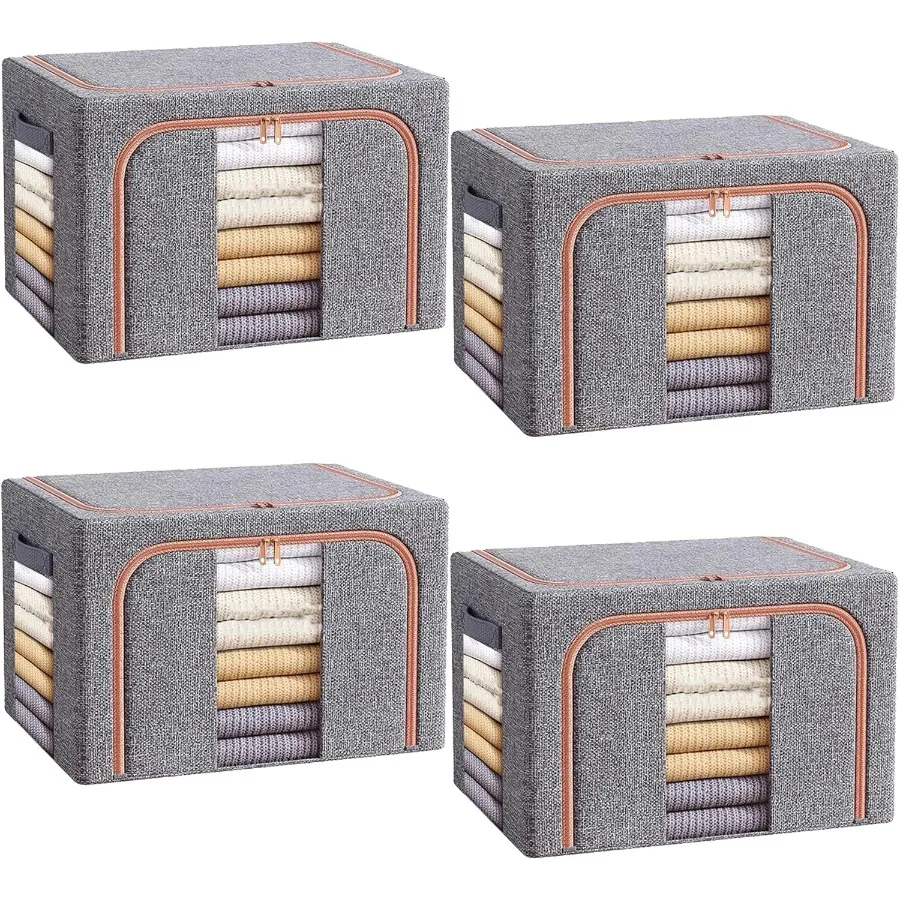 

Wardrobe Storage Box 4 Pack 66L Stackable and Foldable Clothes Storage Box with Metal Frame Transparent Window and Handle for B