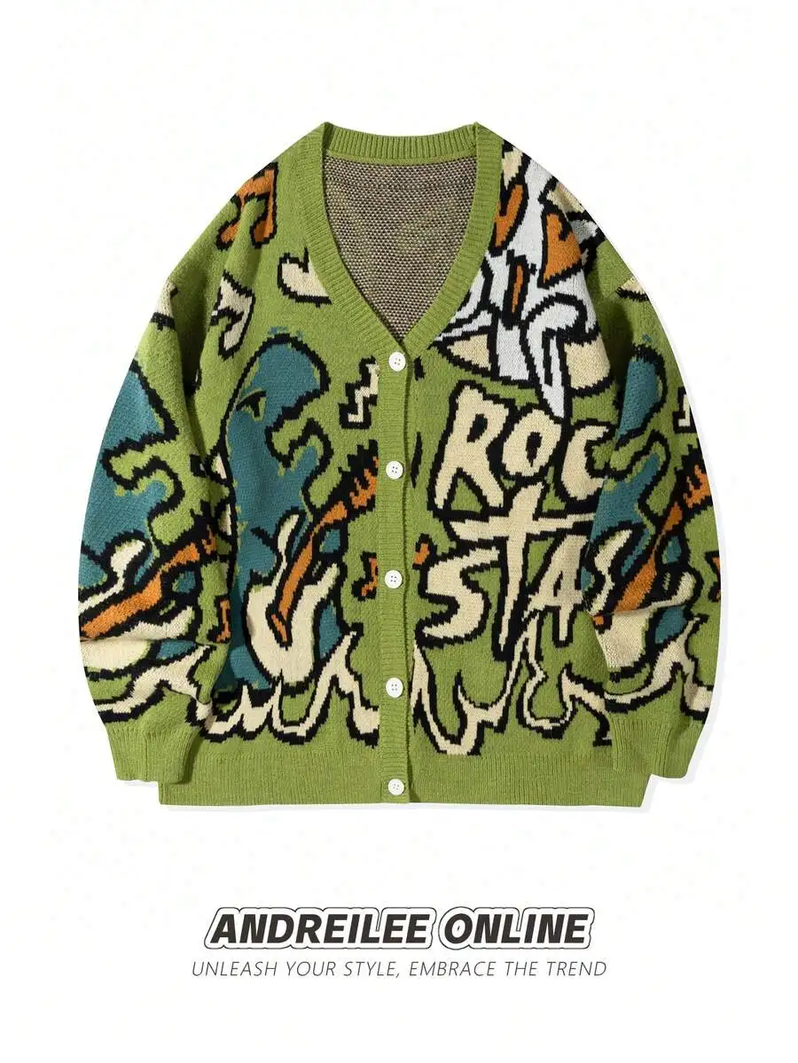 

Oversized V-Neck Knit Cardigan with Abstract Graphic Print, Loose Fit for Spring Fall