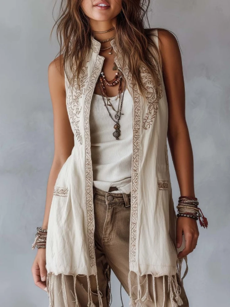 

Retro Embroidered Tassel Hem Cotton Linen Mid-length Vest