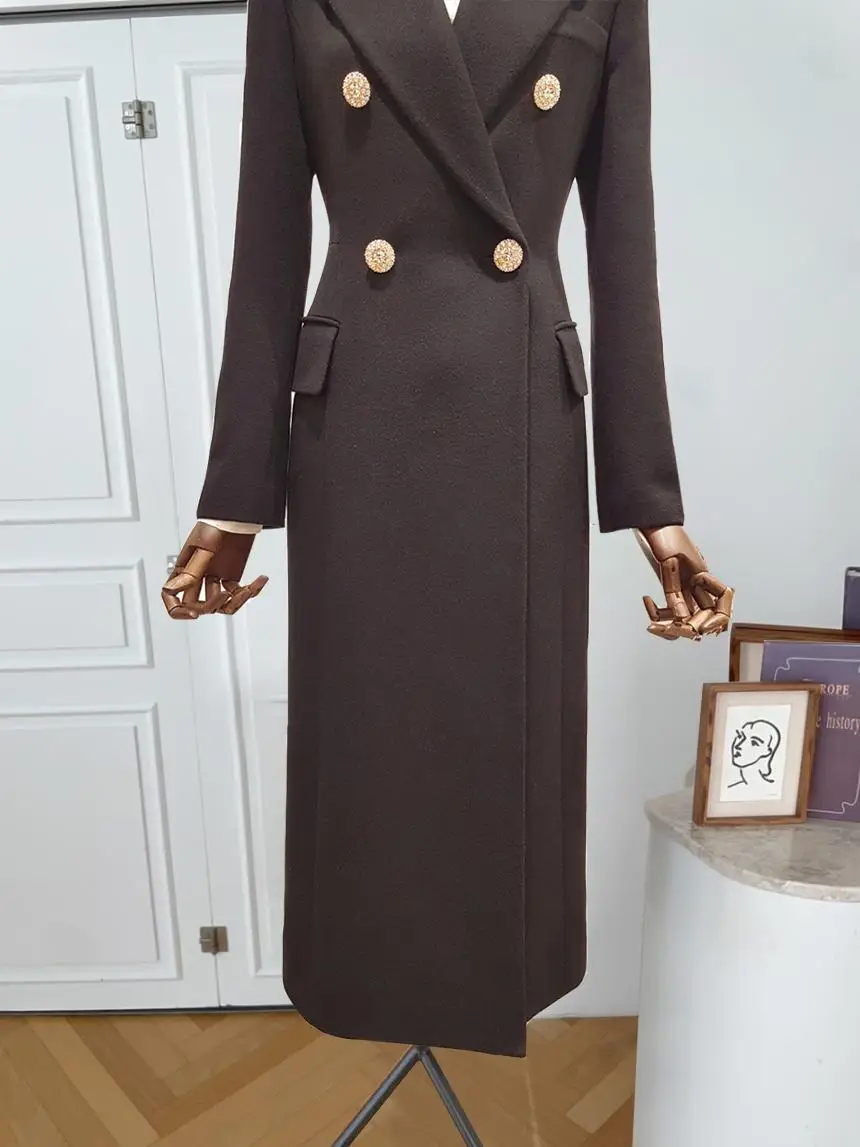 

Winter 2024 OL Sle Woolen Coat Women's Slim Fit Long Sve Suit Collar Double Breasted Commute mid Length Faion Trend