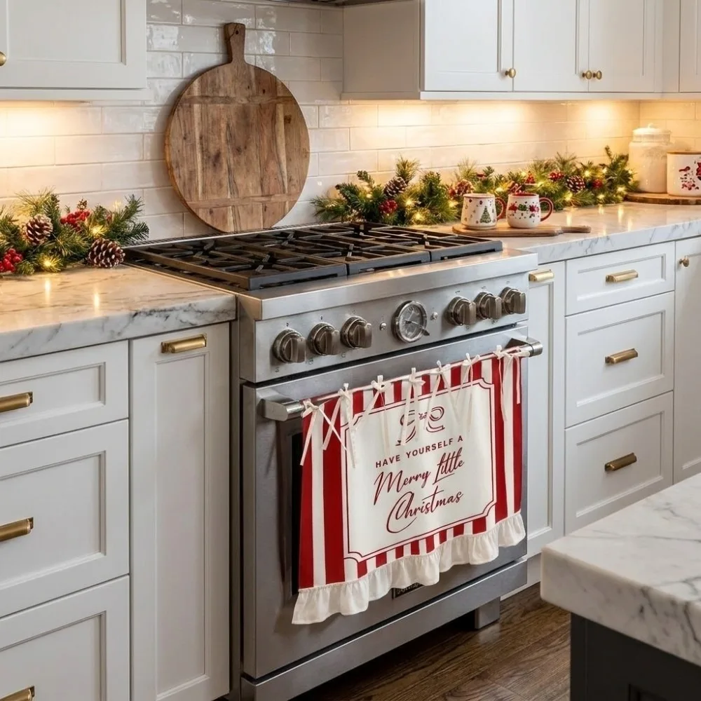 Durable Xmas Oven Decor Curtain Ribbon Ties Christmas Tree Appliance Cover Plaid Printed Pattern