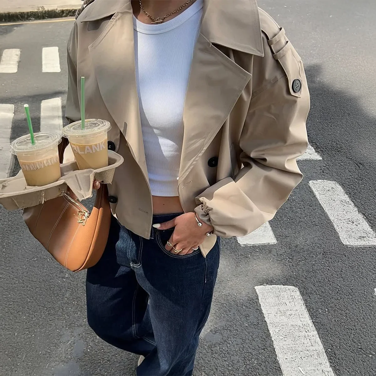 

Womens Trench Coat Autumn Jacket Khaki Lapel Collar Double Breasted Vacation Outwear Elastic Hem Loose Stylish Female Coat