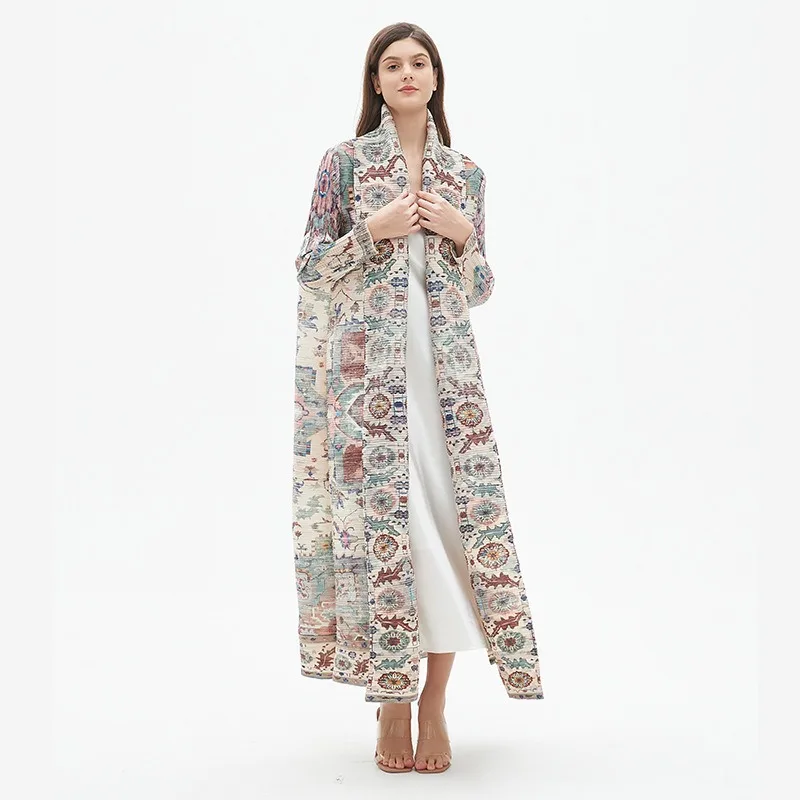 ALSEY Miyake Women's Robe Pleated Long Sleeve Original Vintage Printed Loose Plus Size Cardigan Design Dress 2024 Summer New