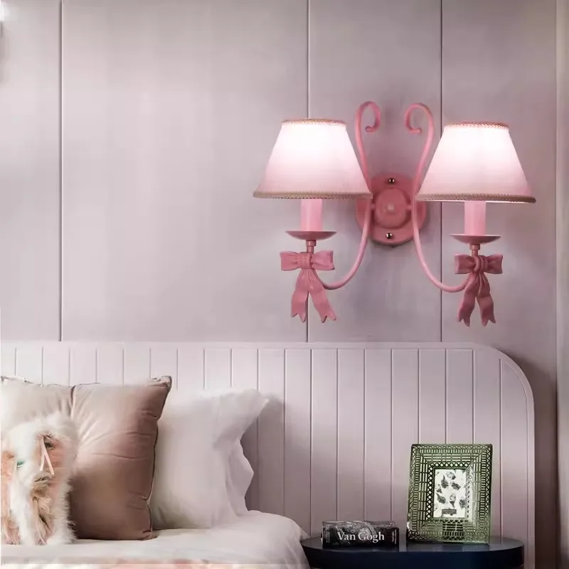 Pink Princess Room Wall Lamps Cute Bow Decor Lamp Modern Romantic Warm Children\'s Room Girl Bedroom Bedside Wall Hanging Lights